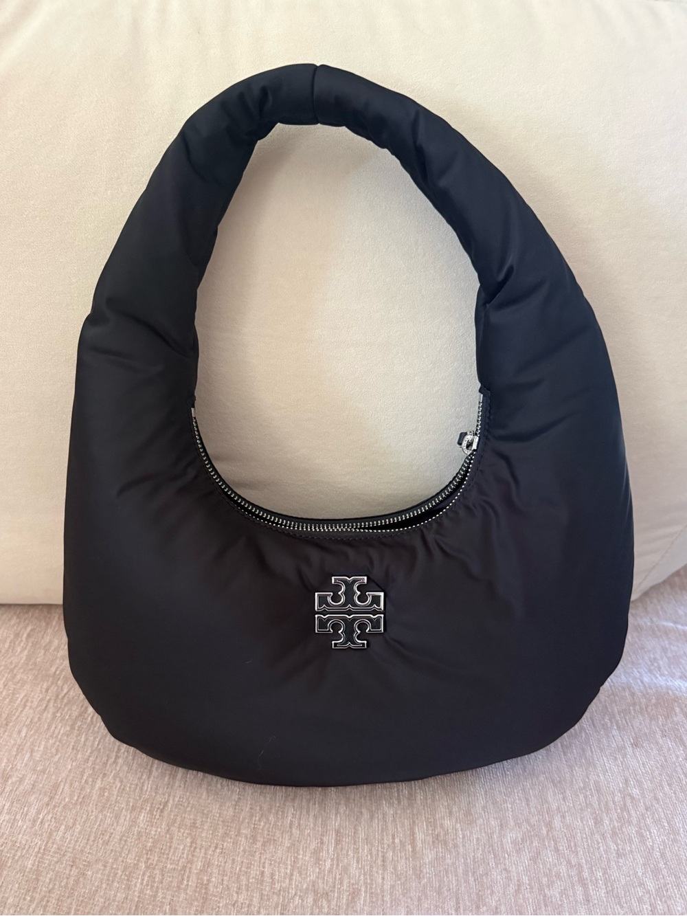Tory Burch Black Puffer Shoulder Hobo with Silver Logo